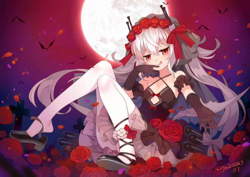 &gt;:q 1girl :q absurdres ankle_lace-up artist_name bare_shoulders bat bilan_hangxian black_dress black_gloves breasts character_request chinese collarbone commentary_request criss-cross_halter cross cross-laced_footwear dated dress flower full_body full_moon gloves hair_between_eyes hair_flower hair_ornament hair_ribbon halterneck hand_to_own_mouth highres long_hair looking_at_viewer moon night outstretched_arm pantyhose petals red_eyes red_rose ribbon rose rose_petals shoe_dangle shoes sleeveless sleeveless_dress slit_pupils small_breasts solo tombstone tongue tongue_out tsubasa_tsubasa twintails vampire veil very_long_hair white_hair white_legwear