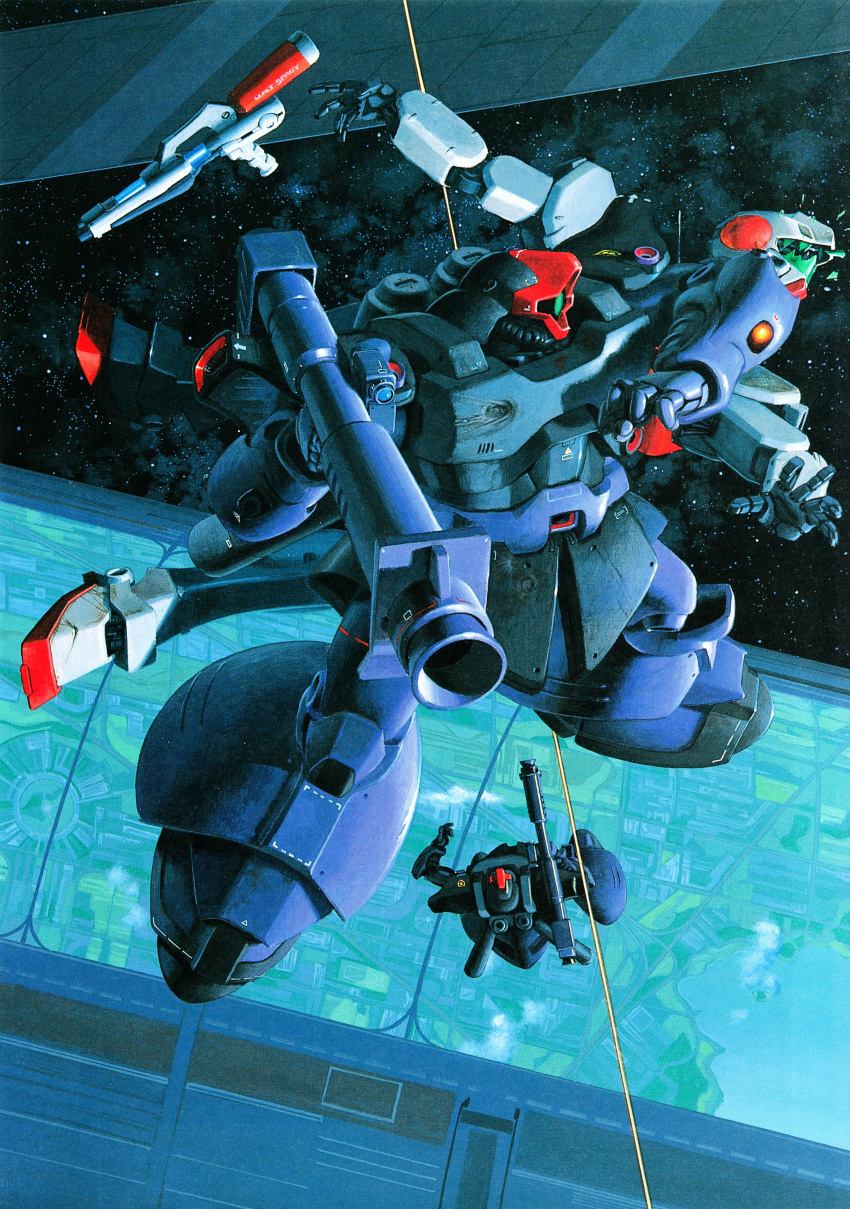 80s absurdres bazooka beam_gun broken_glass dom elbowing fighting floating glass gm_command gundam gundam_0080 highres holding holding_weapon kaida_yuuji landscape mecha no_humans official_art oldschool rick_dom_ii space weapon