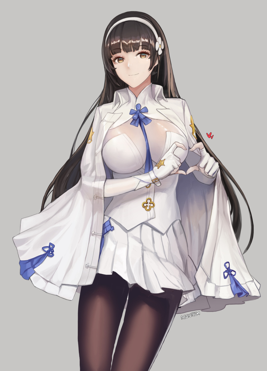 1girl absurdres black_legwear breasts brown_eyes brown_hair fingerless_gloves girls_frontline gloves grey_background hairband heart heart_hands highres large_breasts long_hair looking_at_viewer monaim pantyhose qbz-95_(girls_frontline) simple_background skirt smile solo very_long_hair white_gloves white_hairband