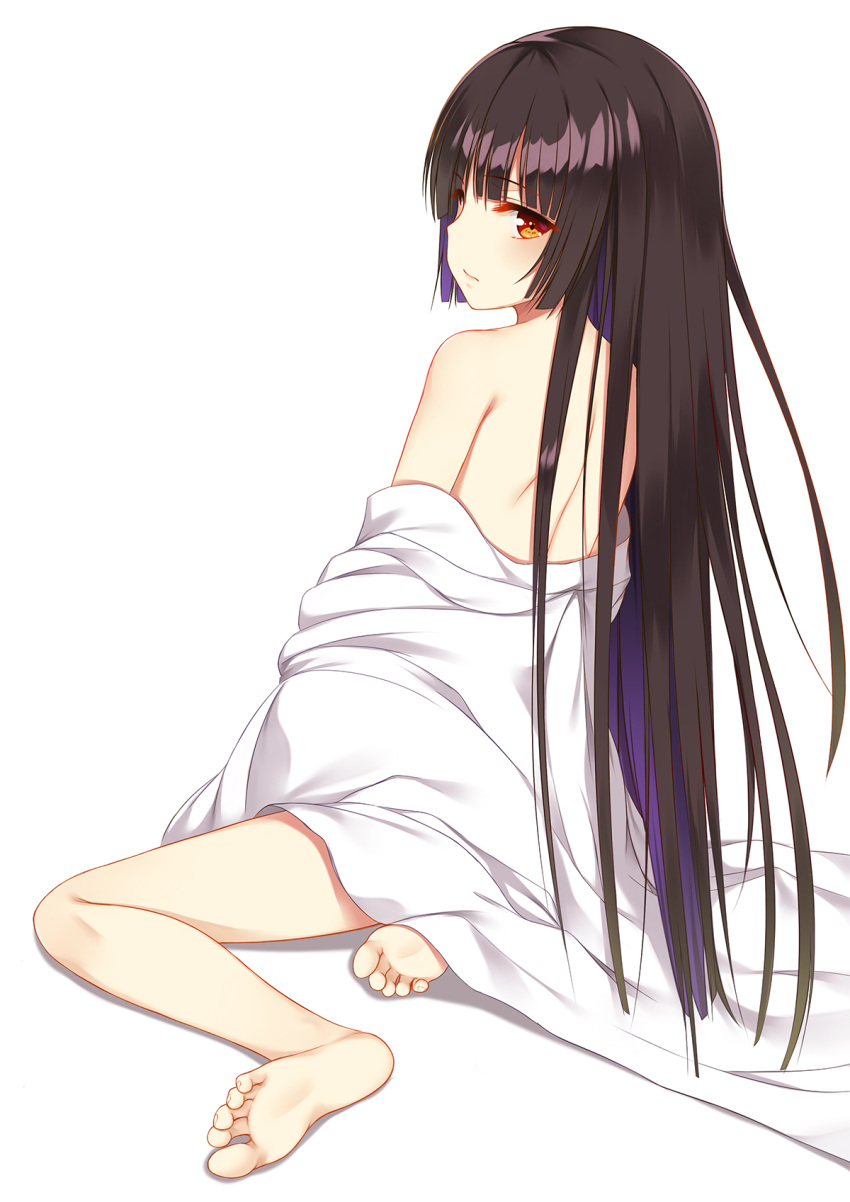 1girl bangs bare_shoulders barefoot black_hair blunt_bangs blush commentary_request enma_ai eyebrows_visible_through_hair feet flan_(seeyouflan) from_behind highres hime_cut japanese_clothes jigoku_shoujo long_hair long_sleeves looking_at_viewer looking_back off_shoulder simple_background sitting soles solo toes undressing white_background yellow_eyes yokozuwari