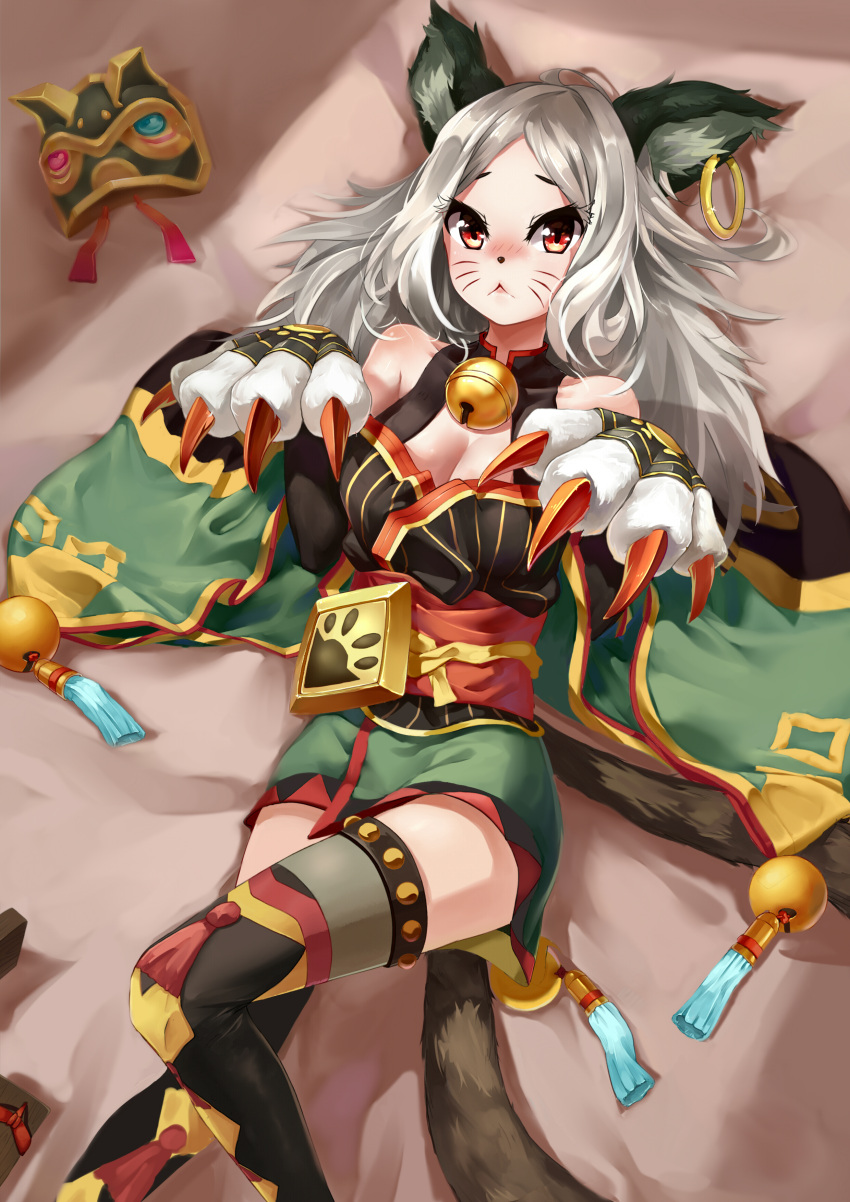 1girl absurdres animal_ears bell bell_collar blush breasts cat_ears cat_nose cat_paws cat_tail character_request cleavage closed_mouth collar grey_hair highres large_breasts long_hair looking_at_viewer lying on_back onmyoji paws red_eyes solo tail whisker_markings yuewu_zhu_youdi