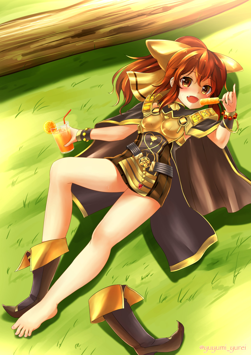 1girl barefoot belt blush boots bow bracelet breastplate brown_hair cape drink dyute_(fire_emblem) fang feet fire_emblem fire_emblem_echoes:_mou_hitori_no_eiyuuou food grass highres jewelry long_hair open_mouth orange_eyes ponytail popsicle shoes_removed single_shoe solo toes yuyumi_(yuurei)