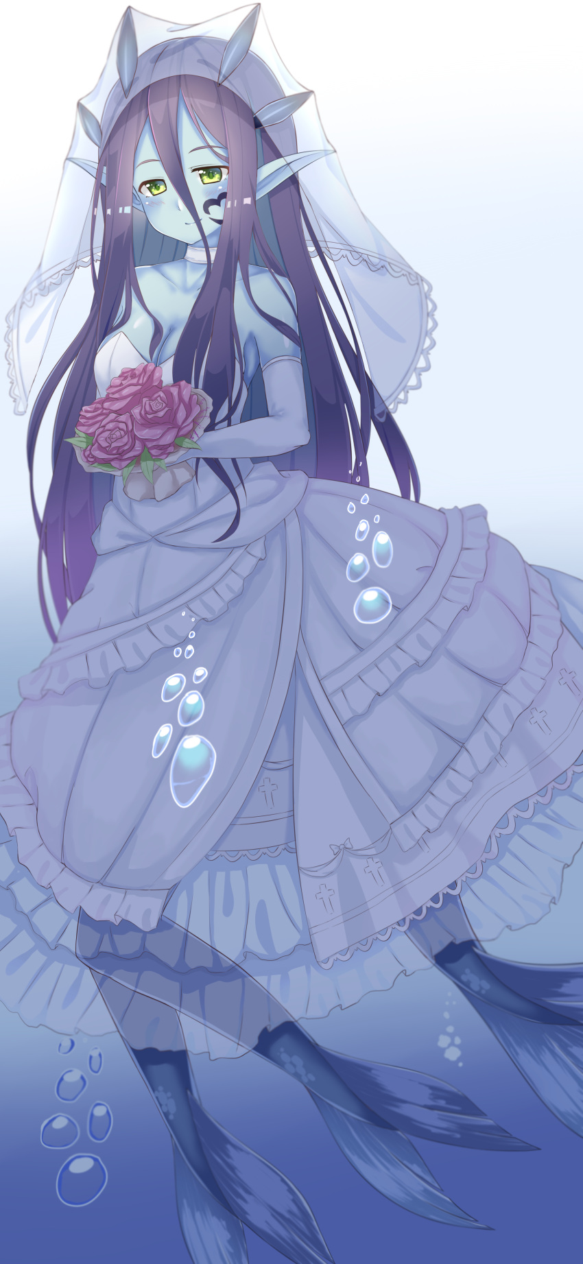 1girl absurdres blue_hair blue_skin bouquet bride bubble cross dress fins fish_tail floating flower green_eyes highres holding holding_bouquet horns l4no long_hair looking_at_viewer monster_girl monster_girl_encyclopedia nereis pointy_ears smile solo underwater veil wedding_dress
