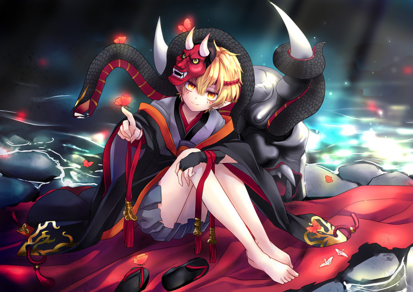 1boy barefoot blonde_hair brown_eyes butterfly_on_finger dated headband liymm looking_at_viewer male_focus mask mask_removed onmyoji origami paper_crane pointy_ears prajna_(onmyoji) sandals_removed sitting smile snake water wide_sleeves