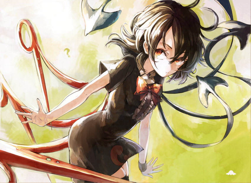 1girl ? asymmetrical_wings black_dress black_hair black_legwear bow bowtie center_frills cowboy_shot dress hisona_(suaritesumi) houjuu_nue leaning_forward looking_at_viewer red_bow red_bowtie red_eyes short_dress short_hair short_sleeves solo standing thigh-highs touhou ufo wings