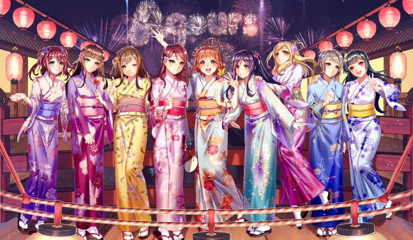 6+girls aqua_eyes black_hair blonde_hair blue_eyes blue_hair blush brown_hair candy_apple fireworks flower food hair_bun hair_flower hair_ornament highres japanese_clothes kimono kunikida_hanamaru kurosawa_dia kurosawa_ruby long_hair looking_at_viewer love_live! love_live!_sunshine!! matsuura_kanan multiple_girls ohara_mari one_eye_closed open_mouth orange_eyes orange_hair parted_lips pink_eyes ponytail redhead sakurauchi_riko short_hair short_twintails smile takami_chika tsushima_yoshiko twintails watanabe_you wei_li yellow_eyes yukata