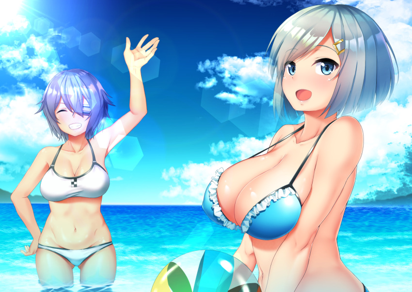 10s :d ^_^ arm_up azihurai ball bangs beachball bikini blue_bikini blue_eyes blue_sky blush breasts cleavage closed_eyes clouds cloudy_sky collarbone eyebrows_visible_through_hair eyepatch grin hair_between_eyes hair_ornament hair_over_one_eye hairclip hamakaze_(kantai_collection) horizon kantai_collection large_breasts lens_flare looking_at_viewer navel ocean open_mouth outdoors purple_hair short_hair silver_hair sky smile swimsuit tenryuu_(kantai_collection) thighs wading white_bikini