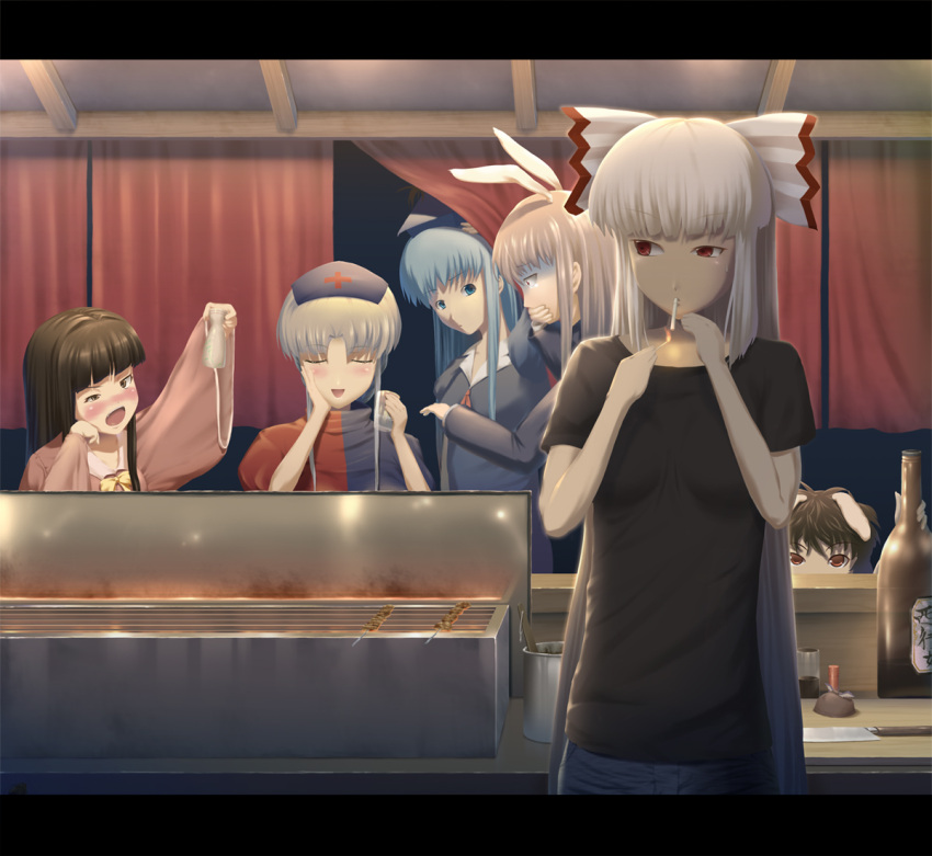 animal_ears bad_id blue_eyes blue_hair brown_hair bunny_ears casual cigarette drunk everyone food fujiwara_no_mokou grill houraisan_kaguya inaba_tewi kamishirasawa_keine long_hair mafu multiple_girls purple_hair rabbit_ears red_eyes reisen_udongein_inaba smoking t-shirt touhou translated white_hair yagokoro_eirin yakitori