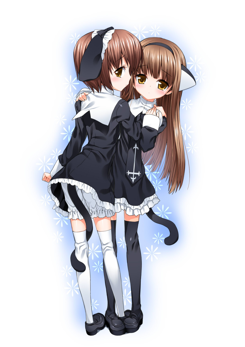 animal_ears bad_id bloomers brown_eyes brown_hair cat_ears cat_tail highres long_hair looking_back multiple_girls short_hair suzume_inui tail thigh-highs thighhighs yellow_eyes zettai_ryouiki