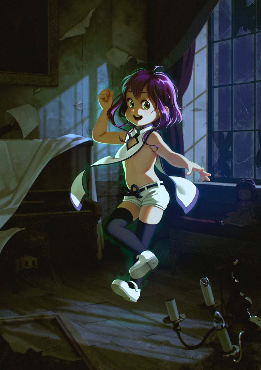 1girl alkemanubis arm_up black_hair broken_glass broken_window dark doll flat_chest glass green_eyes highres indoors instrument jumping mary_janes navel open_mouth original outstretched_arm piano purple_hair shoes short_hair short_shorts shorts silk smile solo spider_web thigh-highs window