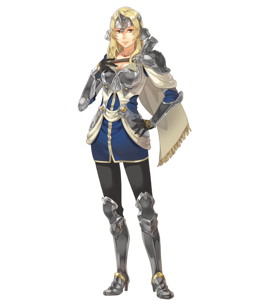 1girl armor armored_boots blonde_hair boots cleavage closed_mouth female fire_emblem fire_emblem_echoes:_mou_hitori_no_eiyuuou fire_emblem_heroes full_body gloves hand_on_hip highres jewelry long_hair looking_at_viewer mathilda_(fire_emblem) necklace official_art simple_background smile solo standing transparent_background