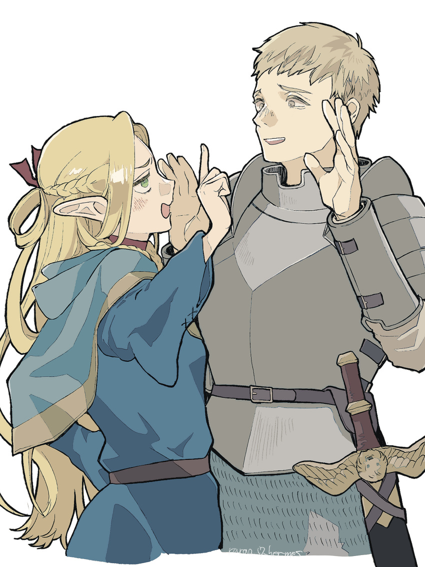 1boy 1girl absurdres armor axi blonde_hair blue_capelet blue_robe braid breastplate brown_eyes brown_hair capelet cowboy_shot dungeon_meshi green_eyes hands_up highres laios_thorden long_hair looking_at_another marcille_donato pauldrons plate_armor robe short_hair shoulder_armor sword weapon white_background