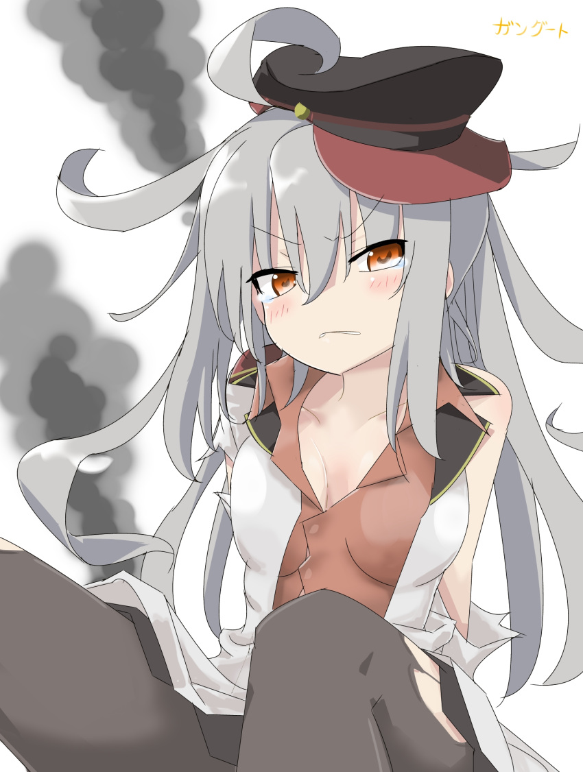 10s artist_request breasts flat_cap gangut_(kantai_collection) grey_hair hat highres kantai_collection large_breasts long_hair looking_at_viewer military military_hat military_jacket military_uniform orange_eyes pantyhose red_shirt remodel_(kantai_collection) russian scar scar_on_cheek shirt smoke uniform white_background