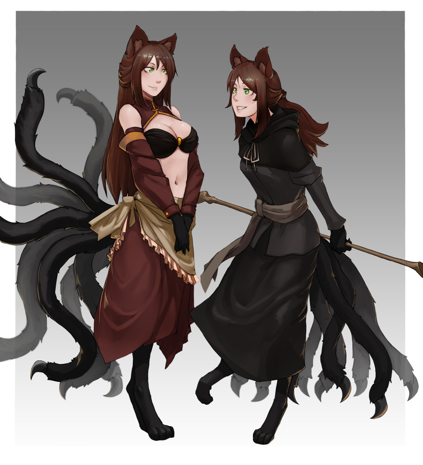 2girls absurdres animal_ears black_dress brown_hair cat_ears cat_feet cat_tail dress gloves green_eyes highres holding holding_weapon hood less long_hair looking_at_another monster_girl multiple_girls multiple_tails ponytail red_dress smile staff standing tail weapon