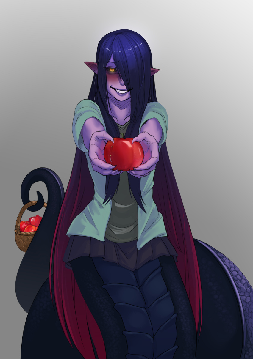 apophis_(monster_girl_encyclopedia) apple basket bite_mark black_sclera blue_hair blush claws collarbone facing_viewer fang food fruit gradient_hair grey_background highres holding holding_food lamia less long_hair looking_at_viewer miniskirt monster_girl monster_girl_encyclopedia multicolored_hair one_eye_covered pointy_ears prehensile_tail purple_skin redhead scales simple_background skirt smile snake_tail very_long_hair yellow_eyes you_gonna_get_raped