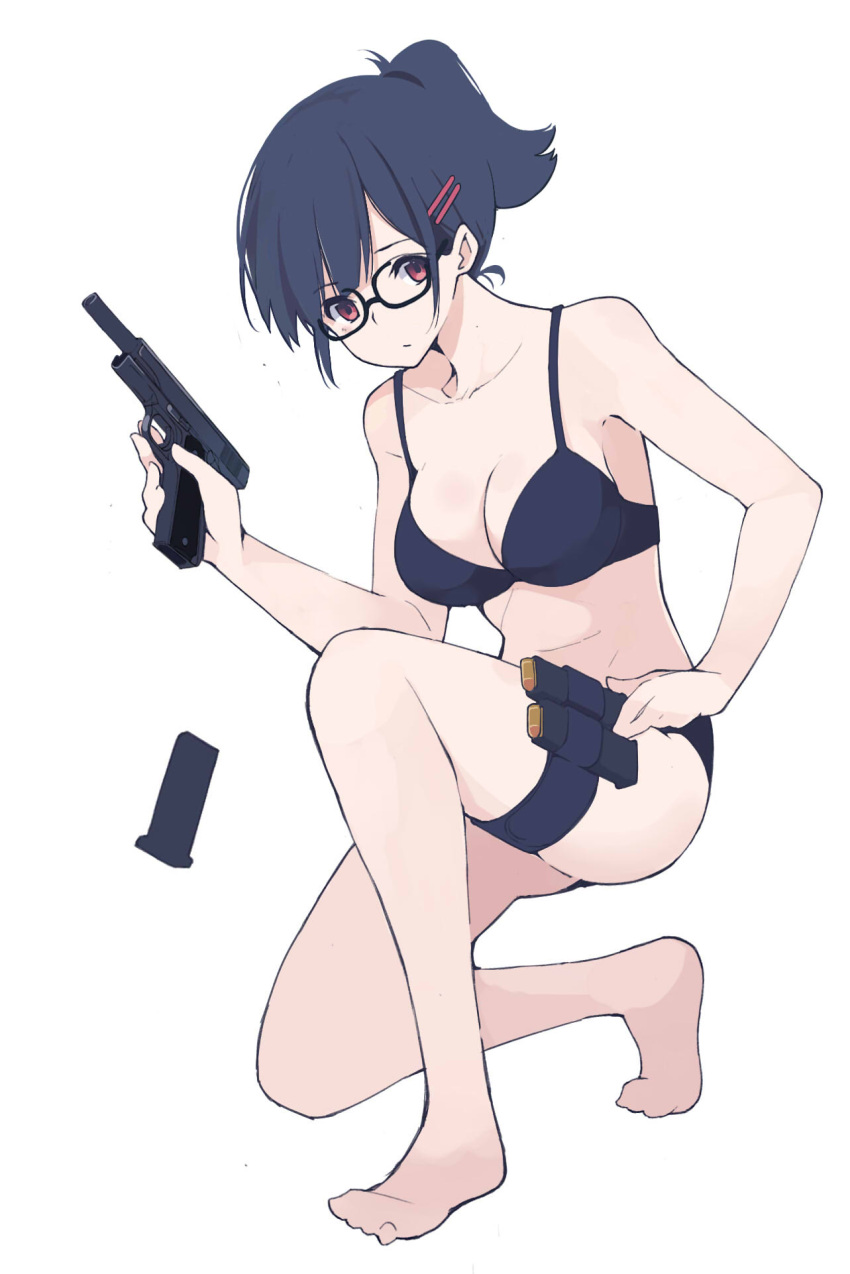 1girl akagawa007 bangs black_bra black_hair black_panties bra breasts bullet cleavage full_body glasses gun hair_ornament hairpin handgun highres holding holding_gun holding_weapon kneeling large_breasts looking_at_viewer magazine_(weapon) magazine_ejection one_knee original panties pistol ponytail red_eyes simple_background solo underwear weapon