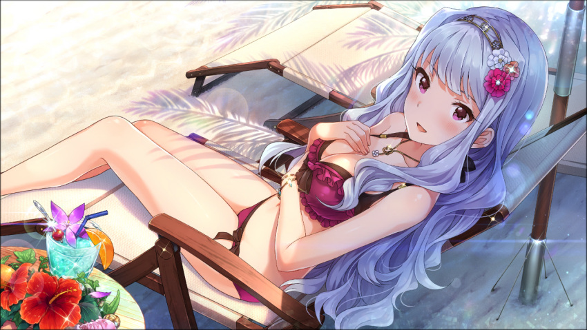 1girl artist_request bangs beach bikini blush bracelet breasts cleavage cup day drink drinking_glass drinking_straw flower hair_flower hair_ornament hairband idolmaster idolmaster_million_live! idolmaster_million_live!_theater_days jewelry long_hair looking_at_viewer looking_back medium_breasts necklace official_art open_mouth outdoors purple_bikini sand shijou_takane silver_hair sitting smile solo swimsuit table violet_eyes wavy_hair