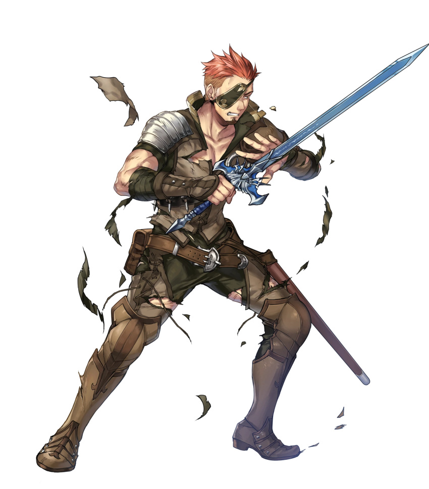 1boy armor armored_boots boots brown_eyes brown_hair collarbone eyepatch fingerless_gloves fire_emblem fire_emblem_echoes:_mou_hitori_no_eiyuuou fire_emblem_heroes full_body gloves highres holding holding_sword holding_weapon male_focus multicolored_hair official_art p-nekor pants redhead savor short_hair short_sleeves shoulder_armor solo sword torn_clothes transparent_background weapon