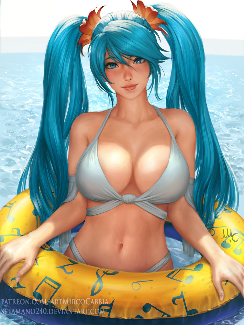 1girl artist_name bikini blue_eyes blue_hair bra breasts closed_mouth collarbone day deviantart_username hair_between_eyes hair_ornament head_tilt highres innertube large_breasts league_of_legends light_smile lips long_hair looking_at_viewer mirco_cabbia musical_note navel panties partially_submerged patreon_reward signature solo sona_buvelle standing stomach swimsuit twintails underwear very_long_hair watermark web_address white_bikini white_bra