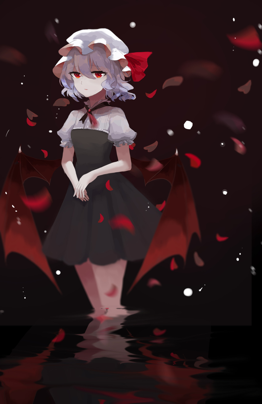 1girl absurdres alternate_costume bat_wings blue_hair commentary_request dress hands_together hat highres looking_at_viewer mangata mob_cap partially_submerged petals puffy_short_sleeves puffy_sleeves red_eyes reflection remilia_scarlet ripples short_sleeves solo touhou water wings