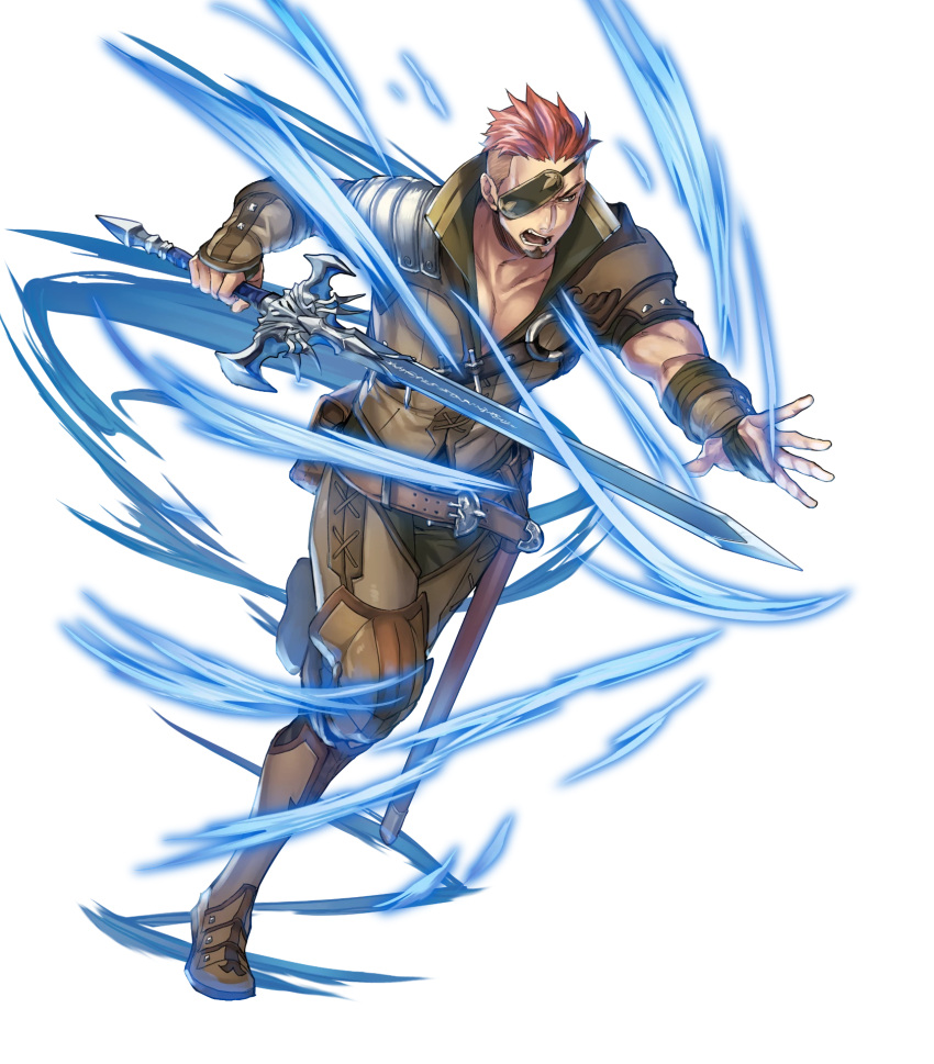 1boy armor armored_boots boots brown_eyes brown_hair collarbone eyepatch fingerless_gloves fire_emblem fire_emblem_echoes:_mou_hitori_no_eiyuuou fire_emblem_heroes full_body gloves highres holding holding_sword holding_weapon male_focus multicolored_hair official_art one_leg_raised open_mouth p-nekor pants redhead savor short_hair short_sleeves shoulder_armor solo sword transparent_background weapon