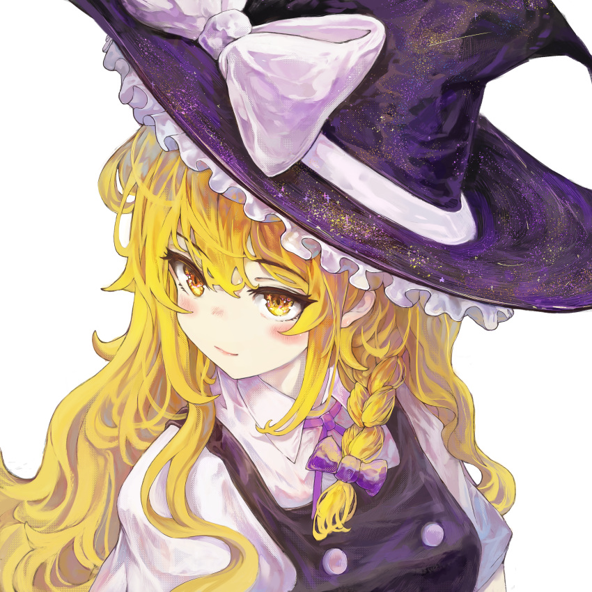 1girl absurdres blonde_hair blush bow breasts closed_mouth commentary_request from_above hair_between_eyes hair_bow hair_ribbon hat hat_bow highres kirisame_marisa light_smile long_hair looking_to_the_side medium_breasts naru_mei purple_bow ribbon simple_background solo tilted_headwear touhou tress_ribbon upper_body very_long_hair wavy_hair white_background white_bow wing_collar witch_hat yellow_eyes