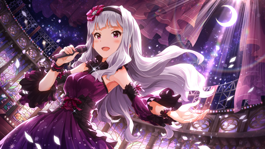 1girl artist_request bangs bare_shoulders blunt_bangs blush breasts curtains detached_sleeves dress frills hairband idolmaster idolmaster_million_live! idolmaster_million_live!_theater_days indoors long_hair looking_at_viewer medium_breasts microphone moon music official_art open_mouth petals purple_dress ribbon shijou_takane silver_hair singing smile solo stained_glass standing violet_eyes wrist_cuffs