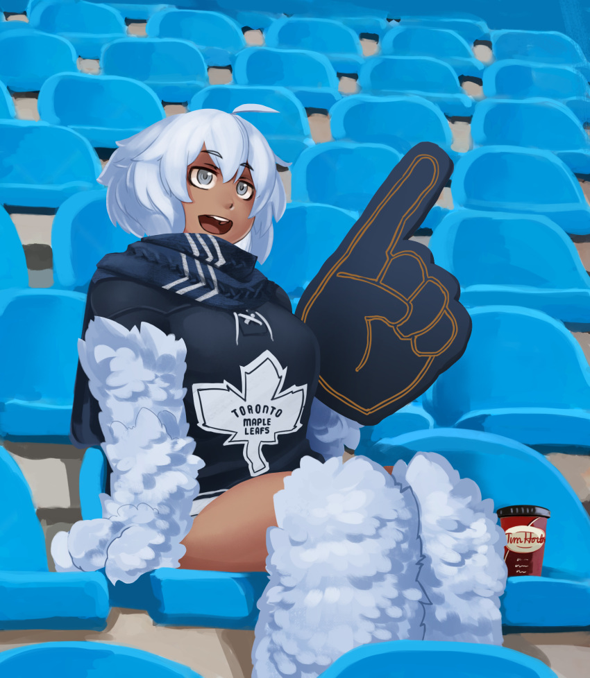 1girl :d ahoge black_gloves black_scarf blush clothes_writing commentary cup dark_skin foam_finger fur gloves grey_eyes highres hockey_sweater ice_hockey leg_warmers less looking_afar monster_girl monster_girl_encyclopedia national_hockey_league open_mouth paws round_teeth scarf short_hair sitting smile solo stadium teeth tim_hortons toronto_maple_leafs white_fur white_hair yeti_(monster_girl_encyclopedia)