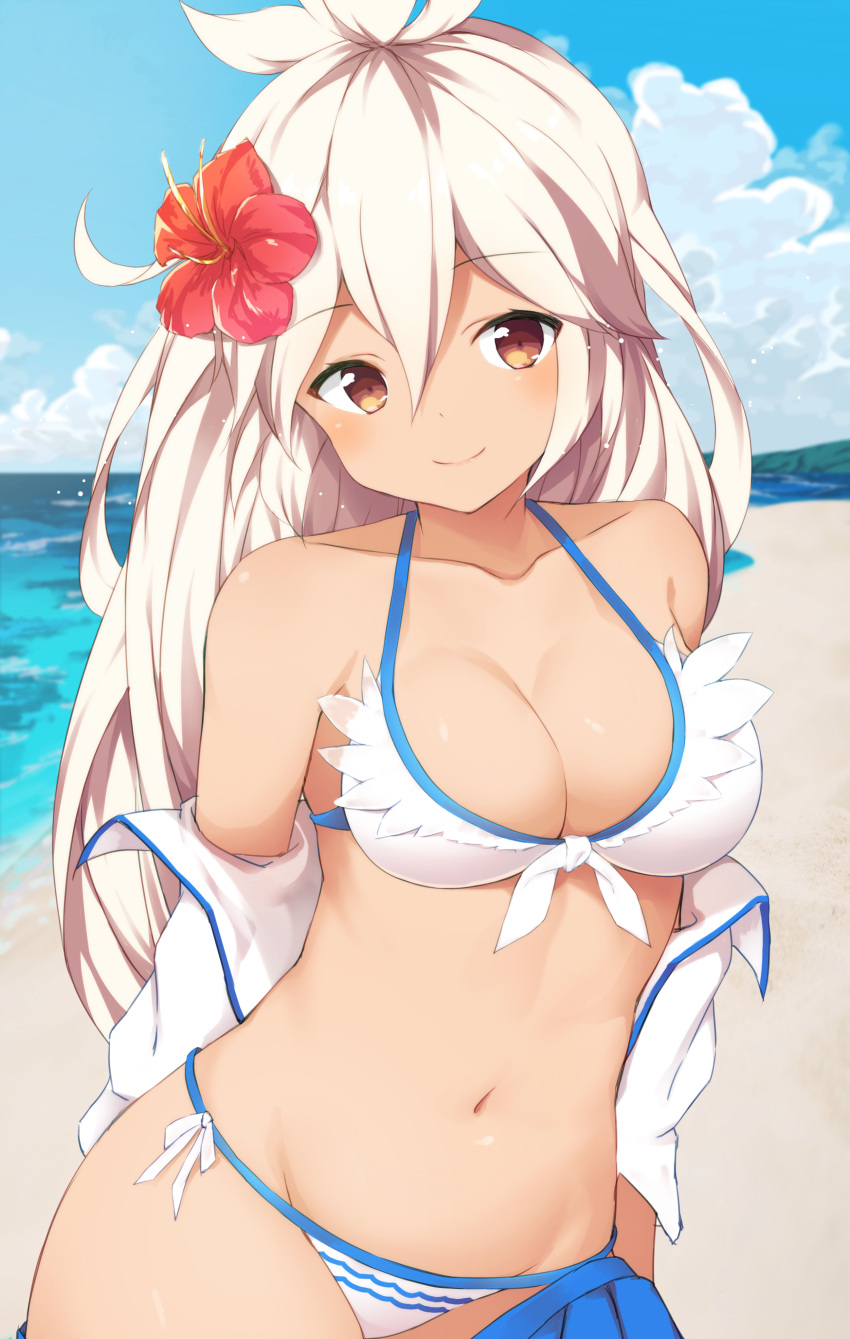 1girl absurdres bangs beach bikini blue_skirt blush breasts brown_eyes cleavage closed_mouth collarbone cowboy_shot cowlick day eyebrows_visible_through_hair flower front-tie_bikini front-tie_top granblue_fantasy grey_hair hair_between_eyes hibiscus highres jacket long_hair looking_at_viewer medium_breasts navel ocean open_clothes open_jacket outdoors pleated_skirt red_flower side-tie_bikini skirt skirt_pull smile solo swimsuit the_order_grande tsuzaki_tsunomi white_bikini