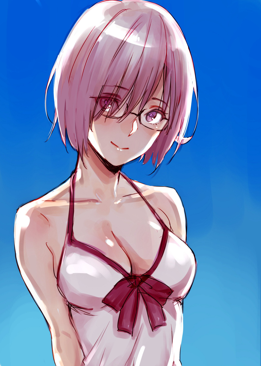 1girl absurdres bare_shoulders blue_background breasts cleavage collarbone dress eyebrows_visible_through_hair eyes_visible_through_hair fate/grand_order fate_(series) glasses hair_over_one_eye highres looking_at_viewer medium_breasts napata pink_eyes pink_hair shielder_(fate/grand_order) short_hair sleeveless sleeveless_dress smile solo upper_body white_dress