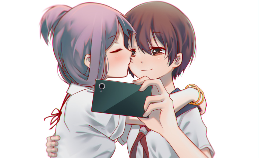 2girls arm_around_shoulder blurry brown_hair cellphone cheek_kiss closed_eyes depth_of_field kiss kyoukomiyanaga miyanaga_saki multiple_girls phone purple_hair saki school_uniform self_shot serafuku short_hair simple_background smartphone suehara_kyouko white_background yuri