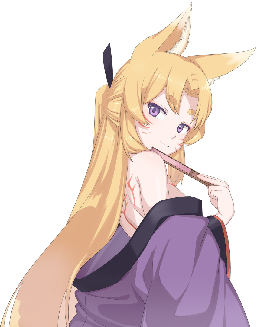 1girl :3 animal_ears back_tattoo bangs bare_shoulders black_ribbon blonde_hair closed_mouth concon_confederation eyebrows_visible_through_hair fan folding_fan fox_ears fox_girl from_side hair_ribbon highres holding holding_fan japanese_clothes kimono long_hair looking_at_viewer looking_back parted_bangs ponytail purple_kimono ribbon smile solo tattoo thick_eyebrows transparent_background upper_body very_long_hair violet_eyes whisker_markings yagi_(ningen)