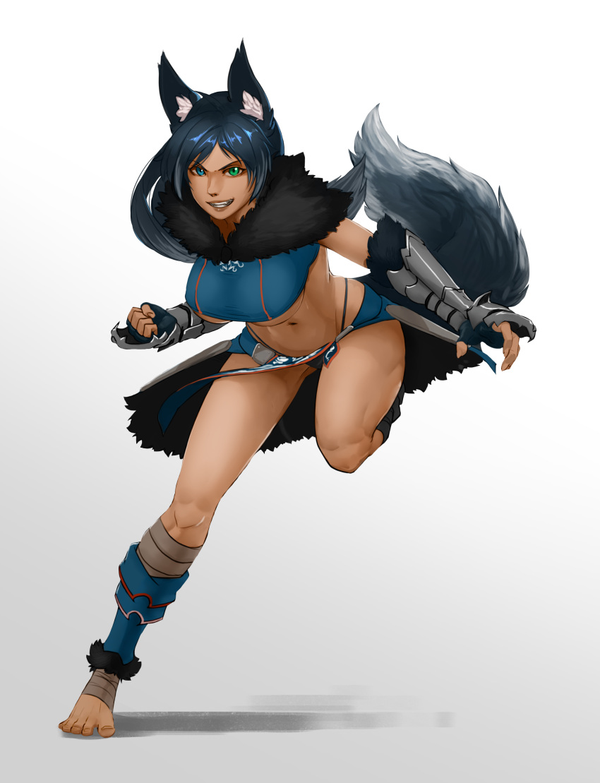 absurdres animal_ears blue_eyes blue_hair breasts clenched_hand facing_viewer fingerless_gloves gloves gluteal_fold gradient gradient_background gradient_hair green_eyes grey_background grey_fur heterochromia highres large_breasts less long_hair looking_at_viewer multicolored_hair navel no_shoes open_hand panties running shadow smile smirk sports_bra standing standing_on_one_leg tail toned under_boob underwear weapon white_background wolf_ears wolf_tail