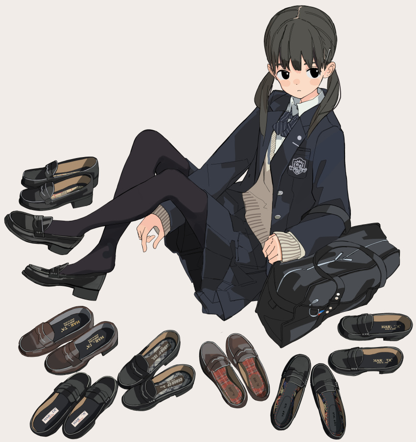 1girl absurdres bag bangs between_legs black_eyes black_hair black_legwear black_shoes blazer bow bowtie brown_shoes commentary_request feet grey_background hand_between_legs highres jacket kumanoi_(nichols) loafers long_sleeves original pantyhose school_bag school_uniform shoes shoes_removed simple_background sitting skirt solo striped striped_bow striped_bowtie twintails