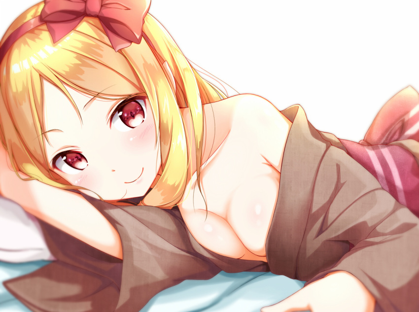 1girl bare_shoulders blonde_hair blurry blush bow breasts cleavage commentary_request depth_of_field eromanga_sensei eyebrows_visible_through_hair hair_bow japanese_clothes kimono long_hair looking_at_viewer lying medium_breasts na53 on_stomach parted_lips pointy_ears smile solo yamada_elf yukata