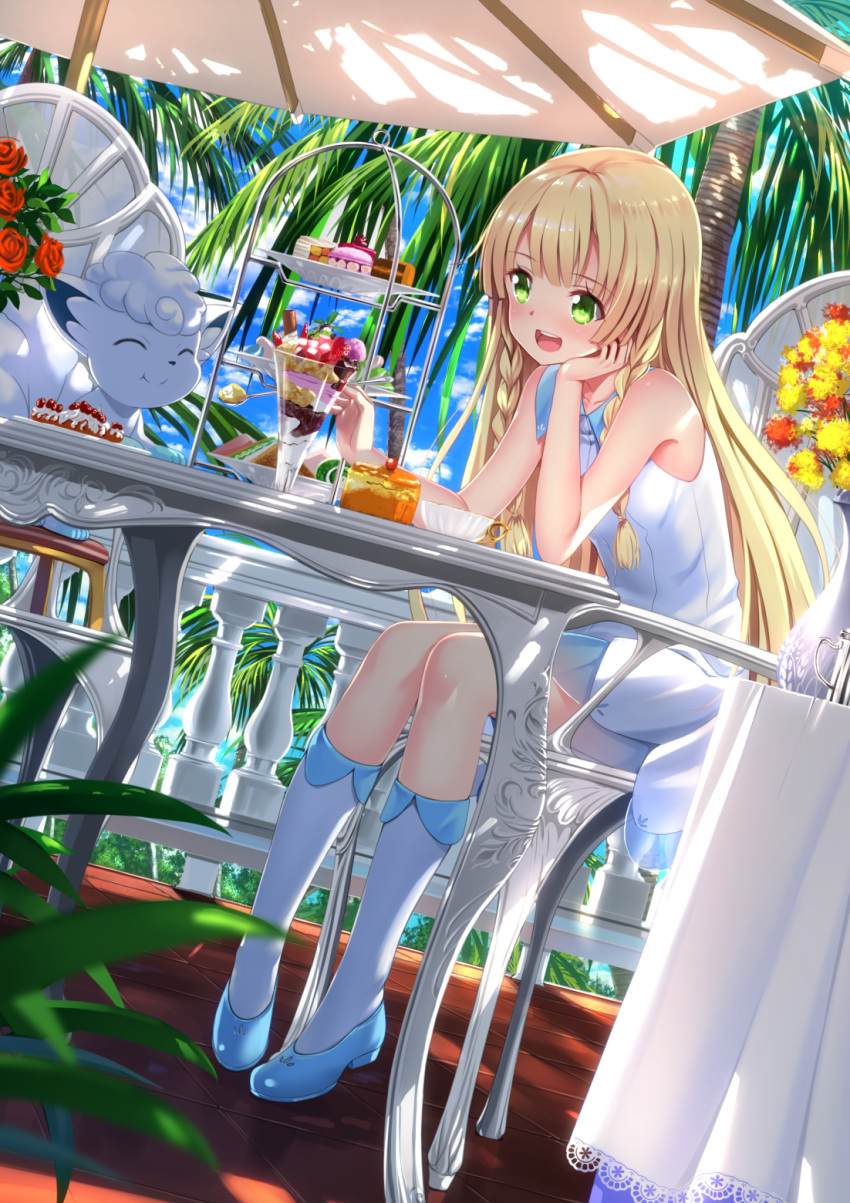 1girl :d :t ^_^ alolan_vulpix blonde_hair cake chair closed_eyes commentary_request cup day dutch_angle feeding flower food green_eyes highres kneehighs lillie_(pokemon) long_hair looking_at_another open_mouth outdoors palm_tree parfait pokemon pokemon_(creature) pokemon_(game) pokemon_sm shoes sitting smile solo spoon sweets swordsouls table teacup tree white_legwear