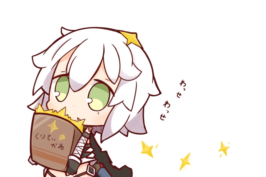 1girl assassin_of_black bandage bandaged_arm chestnut_mouth chibi fate/grand_order fate_(series) gameplay_mechanics gloves green_eyes midriff nuu_(nu-nyu) object_on_head open_mouth scar scar_across_eye short_hair solo star translated white_hair