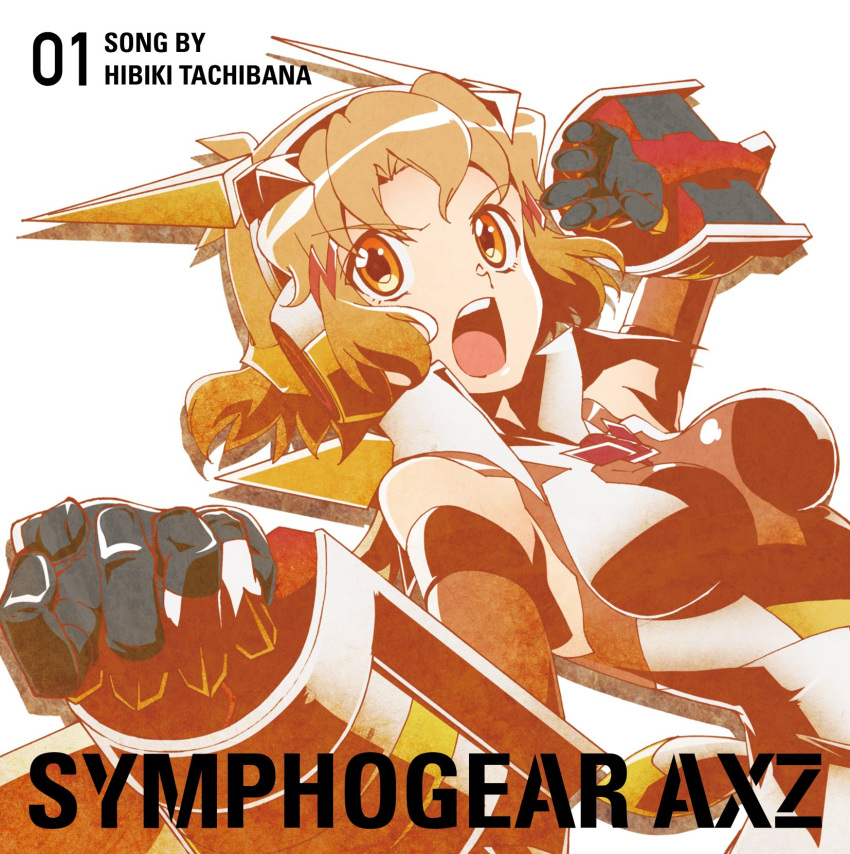 1girl album_cover artist_request bodysuit breasts brown_hair clenched_hand cover elbow_gloves fighting_stance gauntlets gloves hair_ornament headgear highres looking_at_viewer medium_breasts official_art open_mouth orange_eyes senki_zesshou_symphogear short_hair solo tachibana_hibiki_(symphogear) text