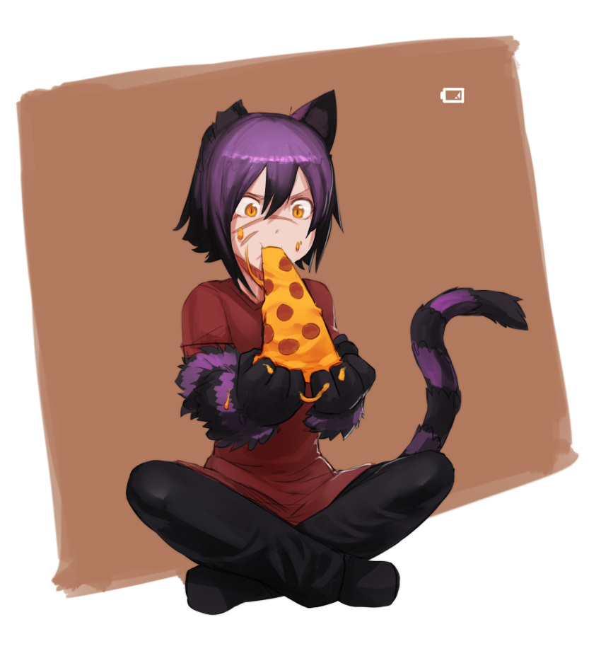 1girl animal_ears black_hair cat_ears cat_tail cheshire_cat_(monster_girl_encyclopedia) eating facial_scar food food_on_face highres indian_style laska_(monster_girl_encyclopedia) less missing_ear monster_girl_encyclopedia multicolored_hair pants paws pizza purple_hair red_shirt scar shirt short_hair sitting slit_pupils solo striped_tail tail two-tone_hair yellow_eyes