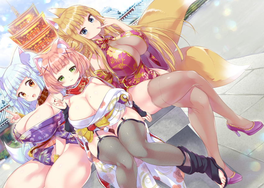 3girls animal_ears blonde_hair blue_eyes blush breasts china_dress chinese_clothes cleavage commentary_request dress food fox_ears fox_tail highres large_breasts long_hair looking_at_viewer miyano_ururu multiple_girls no_panties open_mouth original smile tail thigh-highs