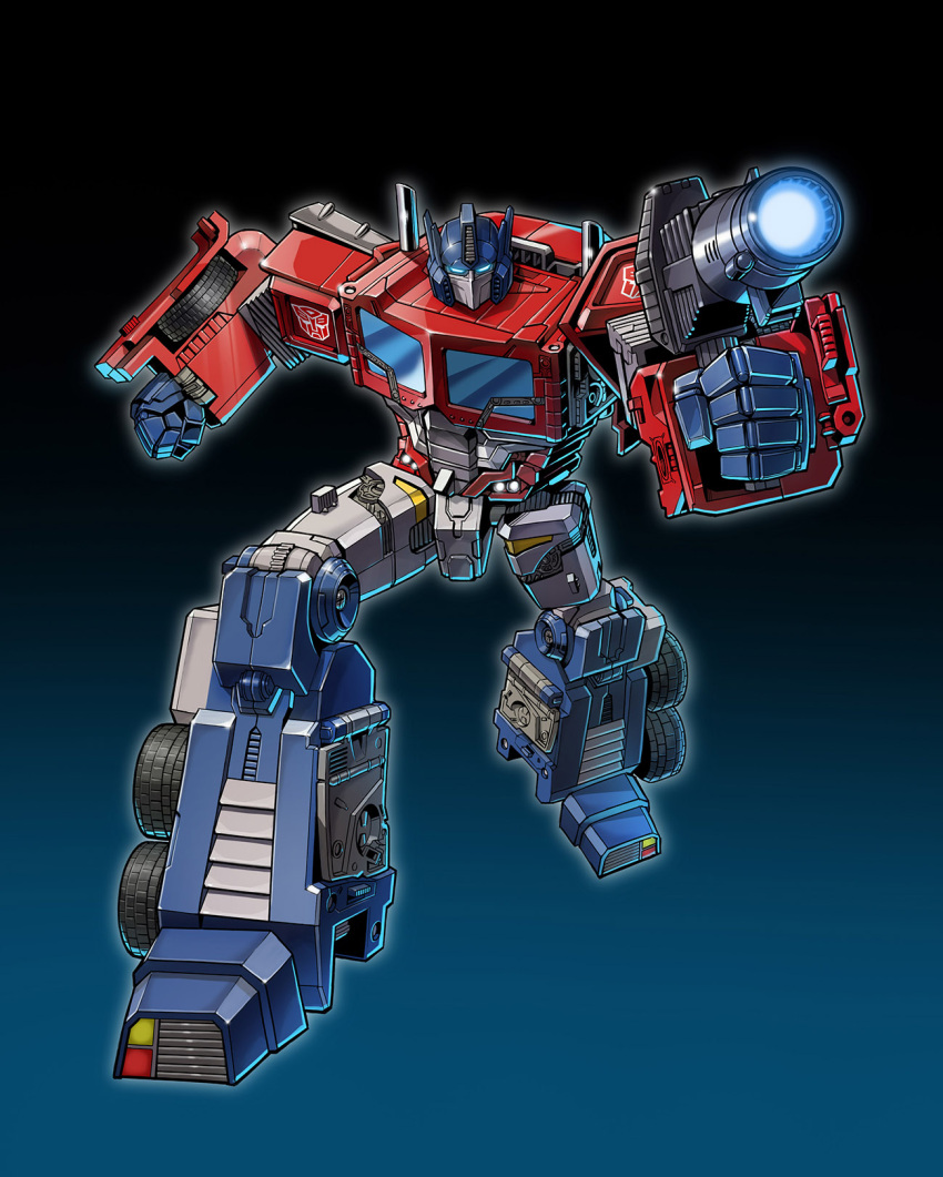 1boy 80s autobot blue_eyes clenched_hands full_body glowing glowing_eyes glowing_weapon gun headgear highres holding holding_weapon insignia looking_at_viewer machine machinery mecha no_humans oldschool optimus_prime personification pose robot solo standing transformers weapon zuma_(zuma_yskn)