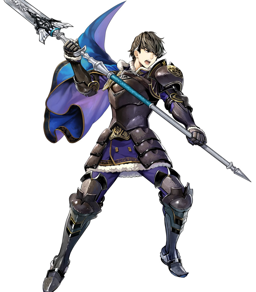 1boy armor armored_boots bangs berkut_(fire_emblem) black_hair boots cape fire_emblem fire_emblem_echoes:_mou_hitori_no_eiyuuou fire_emblem_heroes full_body fur_trim gauntlets grey_eyes highres holding holding_weapon long_sleeves looking_away male_focus mayachise official_art open_mouth pants pauldrons polearm short_hair shoulder_armor solo spear transparent_background weapon