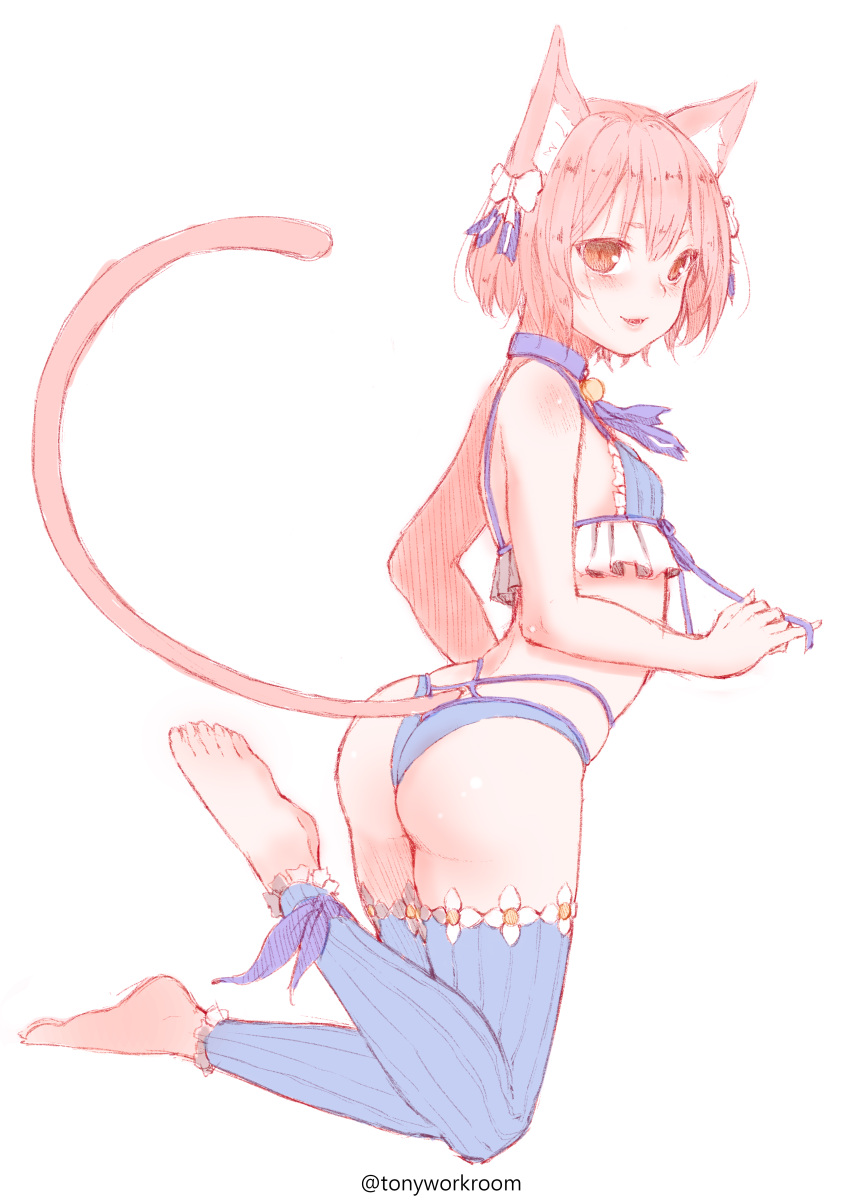 1boy absurdres animal_ears ankle_ribbon ass bangs bare_arms bare_shoulders barefoot blue_bra blue_choker blue_legwear blue_panties blue_ribbon blush bob_cut body_blush bolo_tie bow bra breasts brown_eyes brown_hair cat_ears cat_tail choker commentary_request eyebrows_visible_through_hair eyes_visible_through_hair facebook_username feet feet_up felix_argyle frilled_bra frilled_legwear frills from_side front-tie_top full_body hair_between_eyes hair_bow hair_ribbon hatching_(texture) highleg highleg_panties highres jewelry looking_at_viewer looking_to_the_side male_focus open_mouth pale_color panties parted_bangs pendant pinky_out re:zero_kara_hajimeru_isekai_seikatsu ribbon shiny shiny_skin short_eyebrows short_hair simple_background sketch skindentation sleeveless slit_pupils small_breasts solo spaghetti_strap strap striped striped_legwear striped_ribbon tail thigh-highs toeless_legwear toenails trap underwear vertical-striped_bra vertical-striped_legwear vertical_stripes white_background white_bow zhaofeng_yinyue