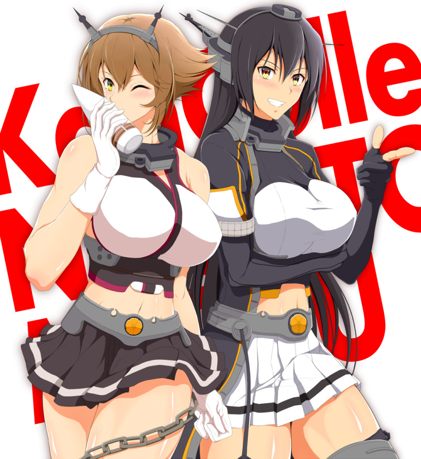 10s 2girls background_text bare_arms black_gloves black_hair black_jacket black_skirt blush breasts brown_hair character_name collar copyright_name fingerless_gloves garter_straps gloves green_eyes grin hair_between_eyes hamaguri_(hamaguri1234) highres jacket kantai_collection kiss large_breasts long_hair looking_at_viewer midriff multiple_girls mutsu_(kantai_collection) nagato_(kantai_collection) navel one_eye_closed pleated_skirt pointing pointing_at_viewer remodel_(kantai_collection) short_hair simple_background skirt smile thigh-highs thumbs_up type_91_armor-piercing_shell upper_body white_background white_gloves white_skirt yellow_eyes