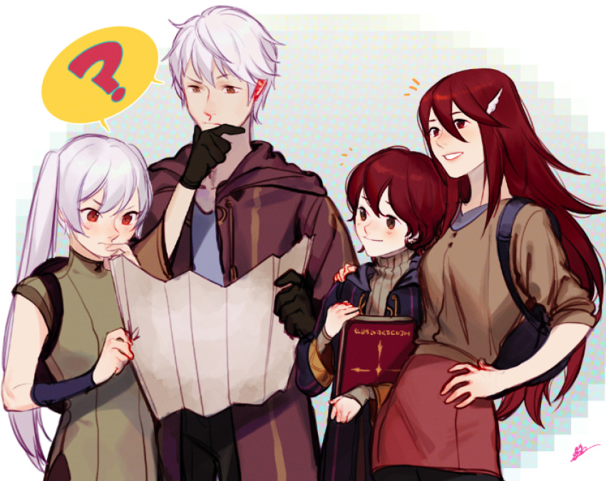 1boy 3girls ? black_gloves book brown_eyes casual cloak eva_smith family father_and_daughter father_and_son fire_emblem fire_emblem:_kakusei gloves hood male_my_unit_(fire_emblem:_kakusei) map mark_(fire_emblem) mother_and_daughter mother_and_son multiple_boys multiple_girls my_unit_(fire_emblem:_kakusei) red_eyes redhead selena_(fire_emblem) silver_hair smile spoken_question_mark cordelia_(fire_emblem)