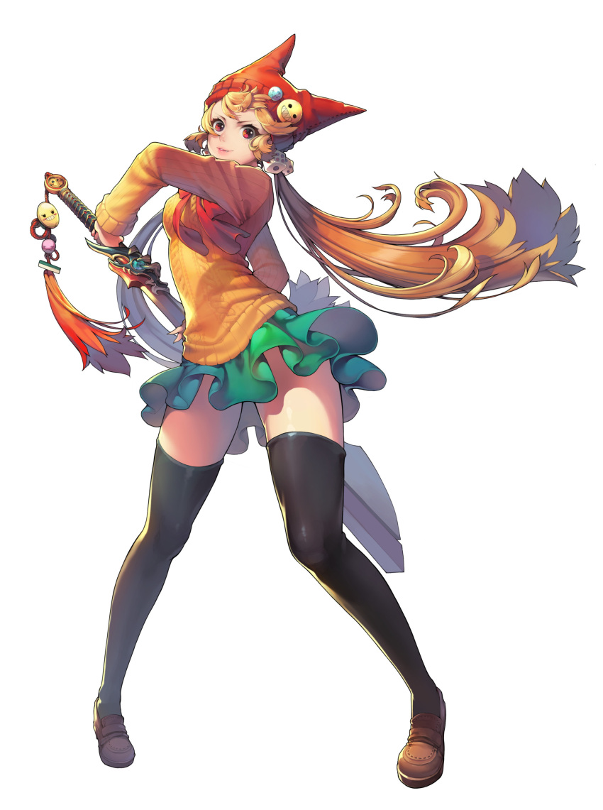 1girl absurdres animal_hat black_legwear brown_shoes buttons cat_hat dice_hair_ornament full_body green_skirt hair_ornament hat highres long_hair looking_at_viewer majo pins red_eyes ribbed_sweater shoes skirt solo standing sweater sword thigh-highs twintails weapon