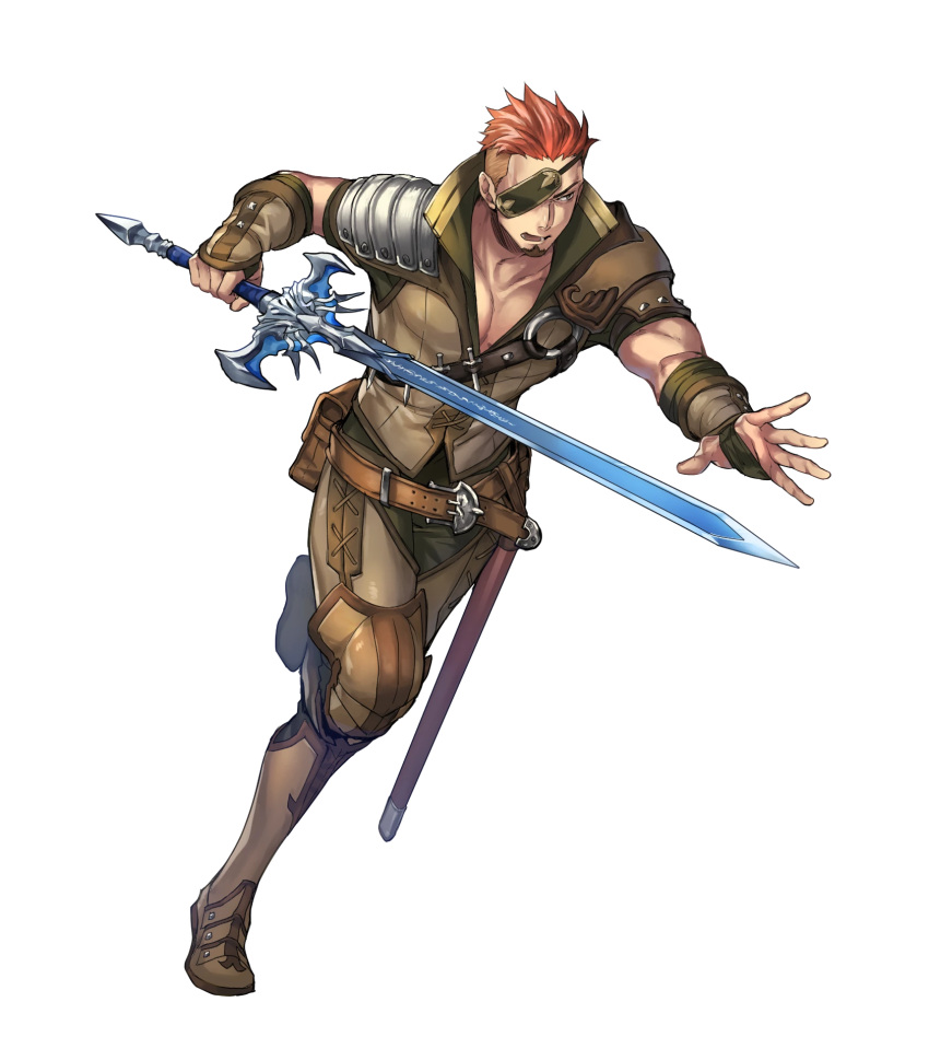 1boy armor armored_boots boots brown_eyes brown_hair collarbone eyepatch fingerless_gloves fire_emblem fire_emblem_echoes:_mou_hitori_no_eiyuuou fire_emblem_heroes full_body gloves highres holding holding_sword holding_weapon male_focus multicolored_hair official_art one_leg_raised open_mouth p-nekor pants redhead savor short_hair short_sleeves shoulder_armor solo sword transparent_background weapon