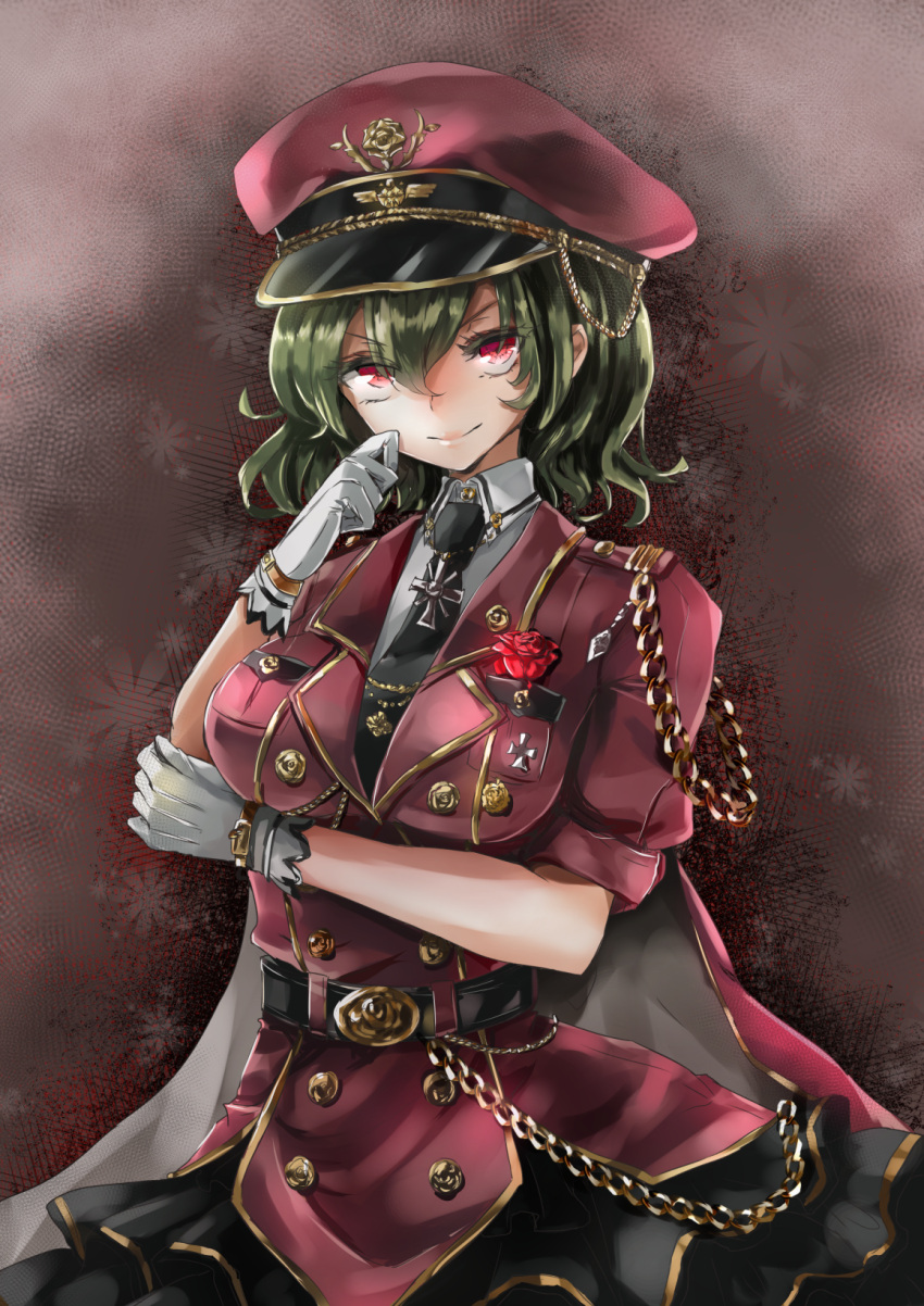 1girl alternate_costume commentary_request gloves green_hair hat highres kazami_yuuka looking_at_viewer military military_hat military_vehicle shironeko_yuuki short_hair smile solo touhou white_gloves