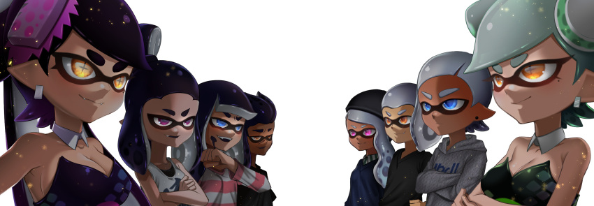 &gt;:) +_+ 3boys 5girls aori_(splatoon) bangs bare_arms bare_shoulders beanie black_hair black_shirt blue_eyes blunt_bangs breasts cleavage clenched_hand closed_mouth collarbone collared_shirt commentary cousins crossed_arms dark_skin dark_skinned_male detached_collar domino_mask earrings facial_scar fang fangs food food_on_head green_shirt grey_hoodie hair_slicked_back hand_on_hip hat highres hood hood_down hoodie hotaru_(splatoon) ink inkling jewelry long_hair long_sleeves looking_at_another mask medium_breasts mole mole_under_eye monster_boy monster_girl multiple_boys multiple_girls object_on_head open_mouth orange_eyes pink_eyes pink_shirt pointy_ears scar shirt short_sleeves silver_hair simple_background smile smirk splatoon splatoon_2 strapless striped striped_shirt sushi tank_top tentacle_hair thick_eyebrows upper_body violet_eyes white_background wiping_face yuitanpo