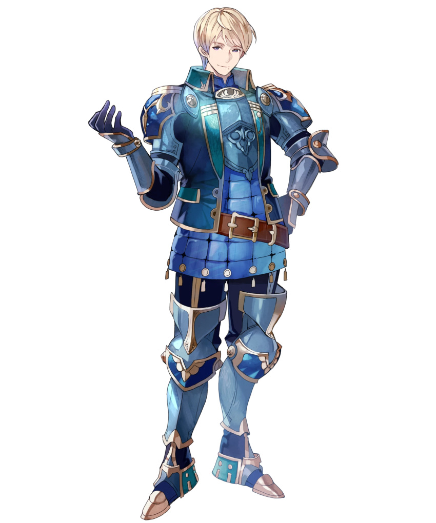 1boy armor bangs belt blonde_hair cleive eyebrows_visible_through_hair fire_emblem fire_emblem_echoes:_mou_hitori_no_eiyuuou fire_emblem_heroes full_body gauntlets hand_on_hip highres kotetsu_(popeethe) looking_at_viewer male_focus mole mole_under_mouth official_art open_mouth short_hair smile solo standing transparent_background violet_eyes